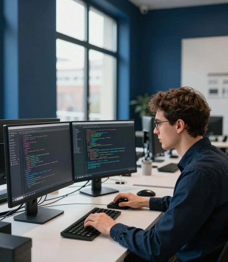 A professional developer working in a sleek modern European / French office. The room features deep midnight blue accents and large windows. The person is focused on coding at a workstation with multiple monitors, reflecting a clean and innovative atmosphere.