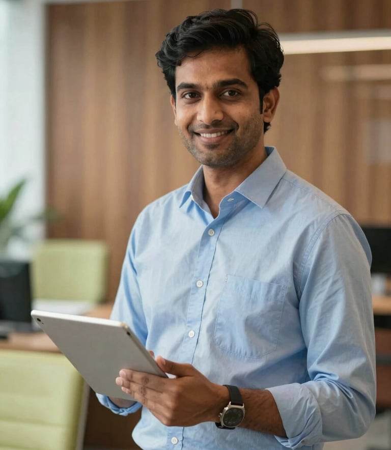 A professional financial advisor in a modern South Asian / Indian office, holding a digital tablet and smiling confidently. The office background is blurred with hints of pale green furniture and high-end wooden finishes.