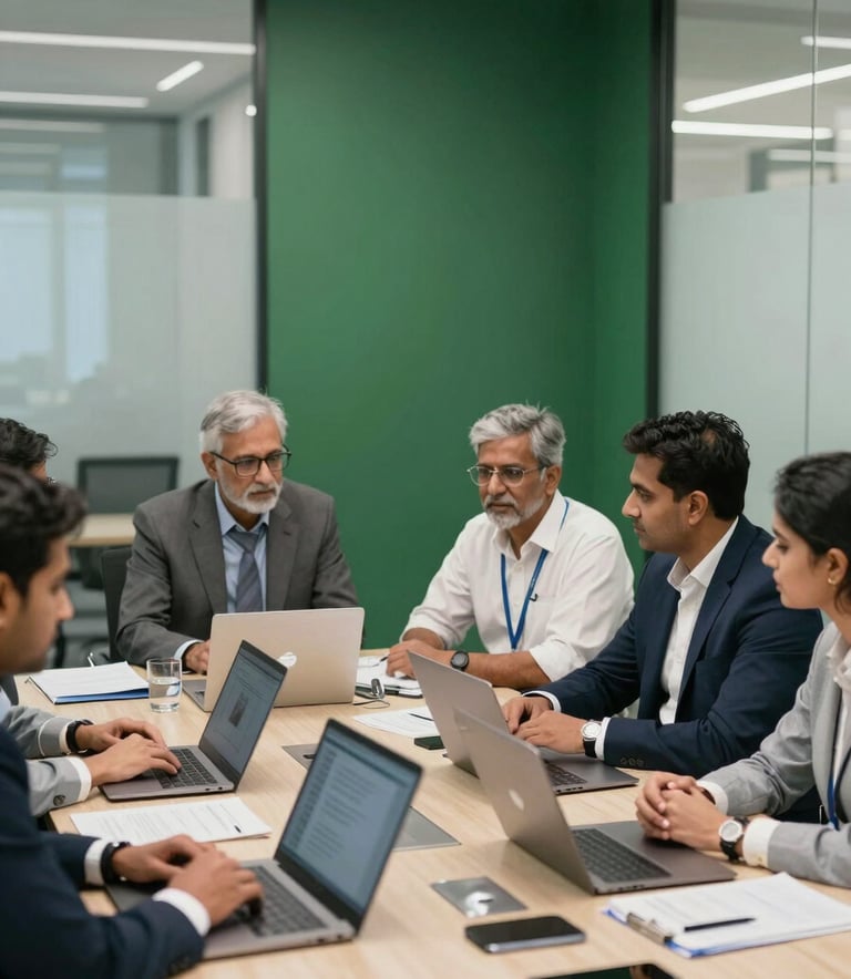 A group of professional advisors in a modern South Asian / Indian corporate boardroom, engaged in a collaborative discussion around a table with laptops. The lighting is bright and professional, highlighting a clean environment with deep green accents and glass walls.