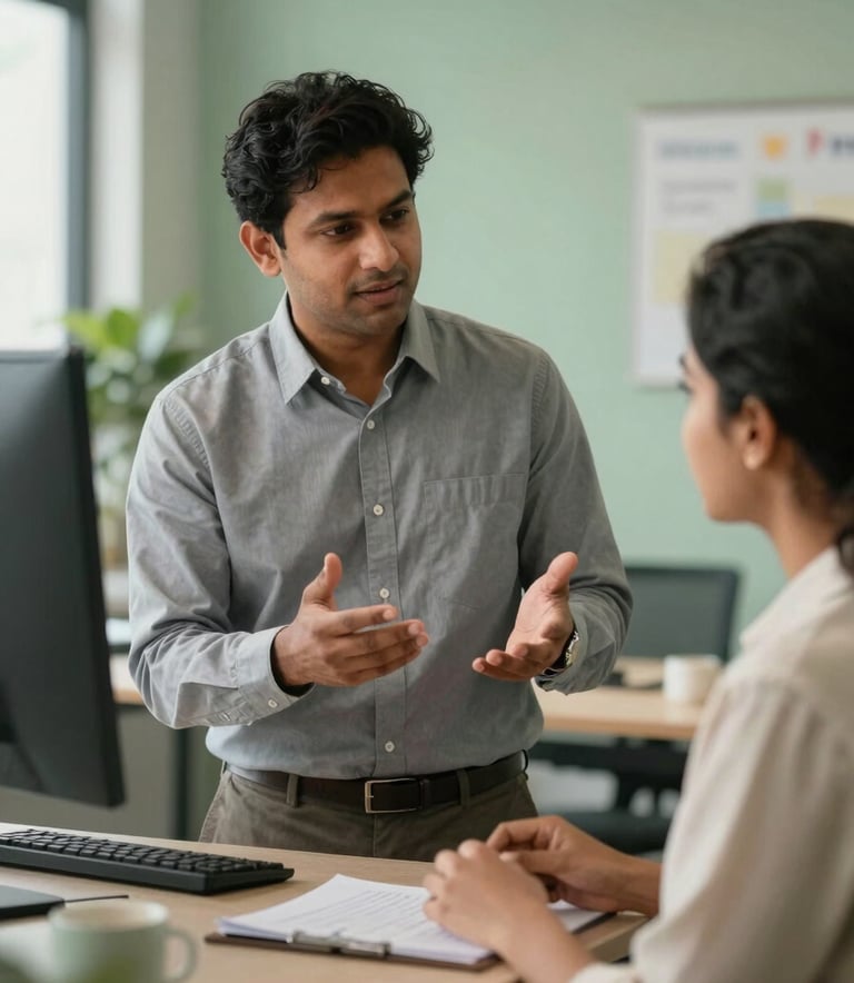 A professional South Asian / Indian financial consultant explaining loan options to a young couple in a modern, bright office with soft sage green accents.