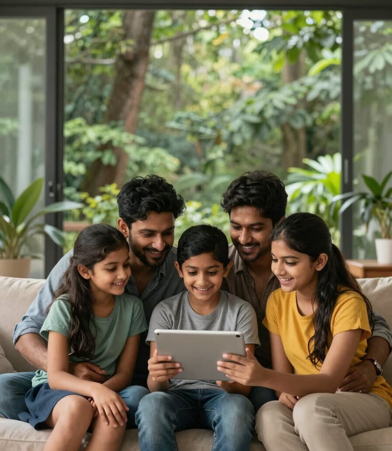 A happy South Asian / Indian family sitting together in a modern home, reviewing investment growth on a tablet, surrounded by forest green decor.