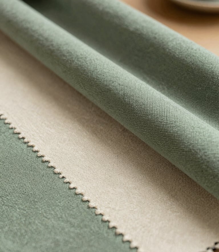 Macro photography of high-quality textile swatches in sage green and cream, showing rich texture and weave. Soft, warm indoor lighting in a North American home studio setting.