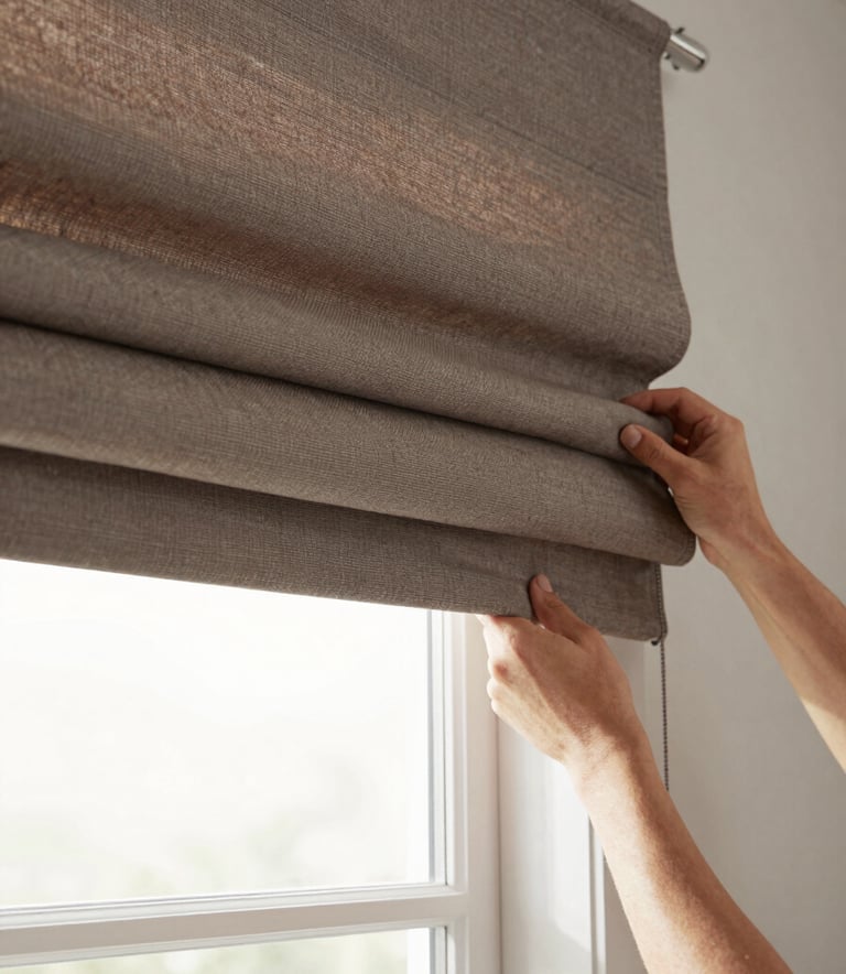 A detailed photography shot of a professional installation of a roman shade in a North American home. The fabric is a muted brown taupe with a clean, modern fold. Soft, diffused lighting highlights the craftsmanship and texture of the textile. Focused composition on the window header and the expert mounting.