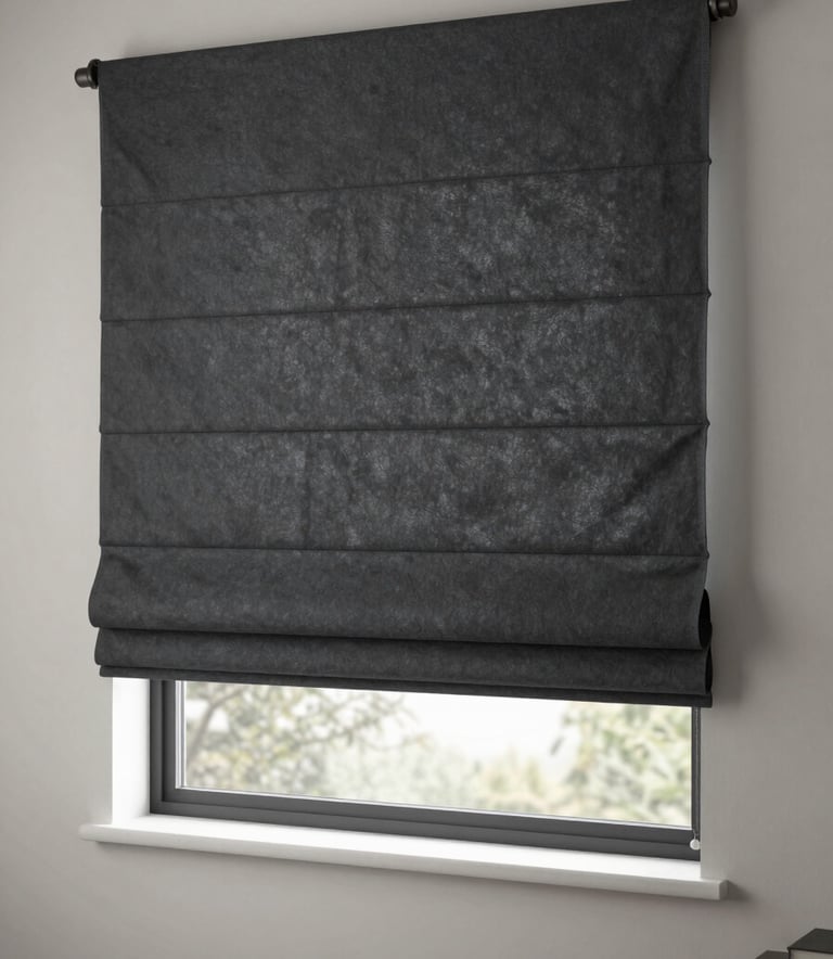 Clean, modern charcoal slate Roman shades perfectly fitted inside a large window frame in a North American bedroom. The lighting is calm and sophisticated, highlighting the crisp folds of the fabric.