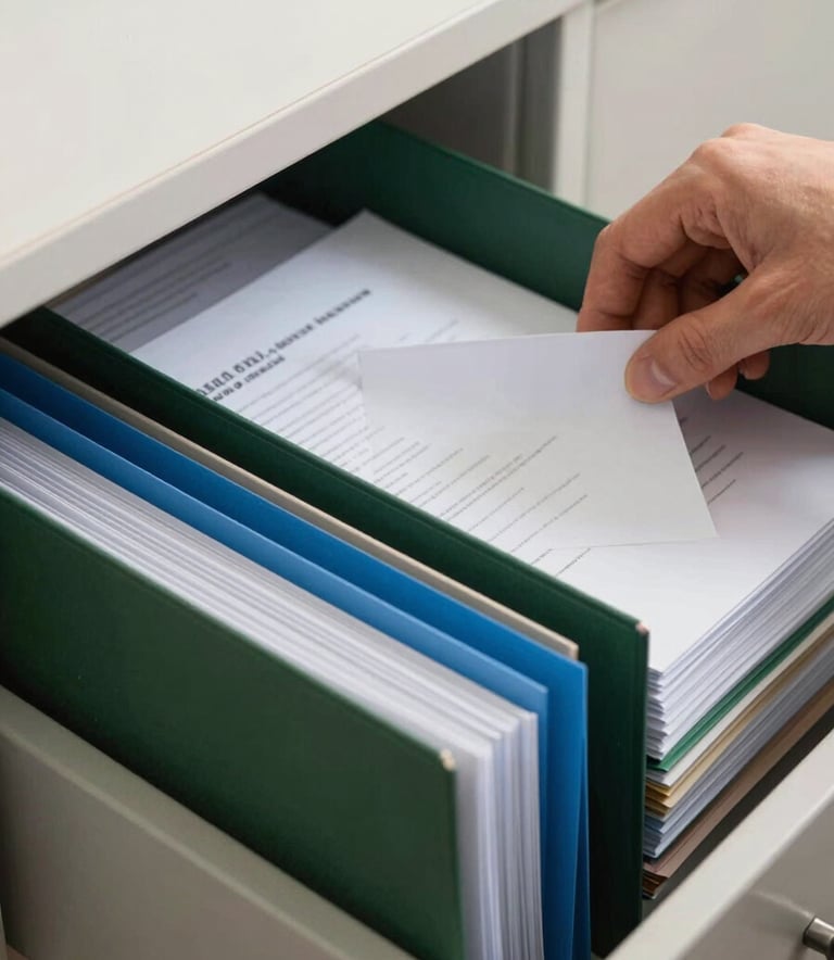 A close-up of a person's hands neatly organizing professional documents into a filing drawer, featuring forest green folders and steel blue tabs in a tidy, business-focused environment.