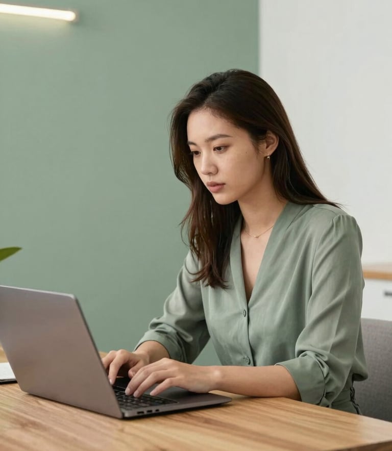 A modern, bright office space showing a professional consultant working on a laptop at a wooden desk. The background features a sage green wall and pearl white accents, creating a calm and efficient business environment.