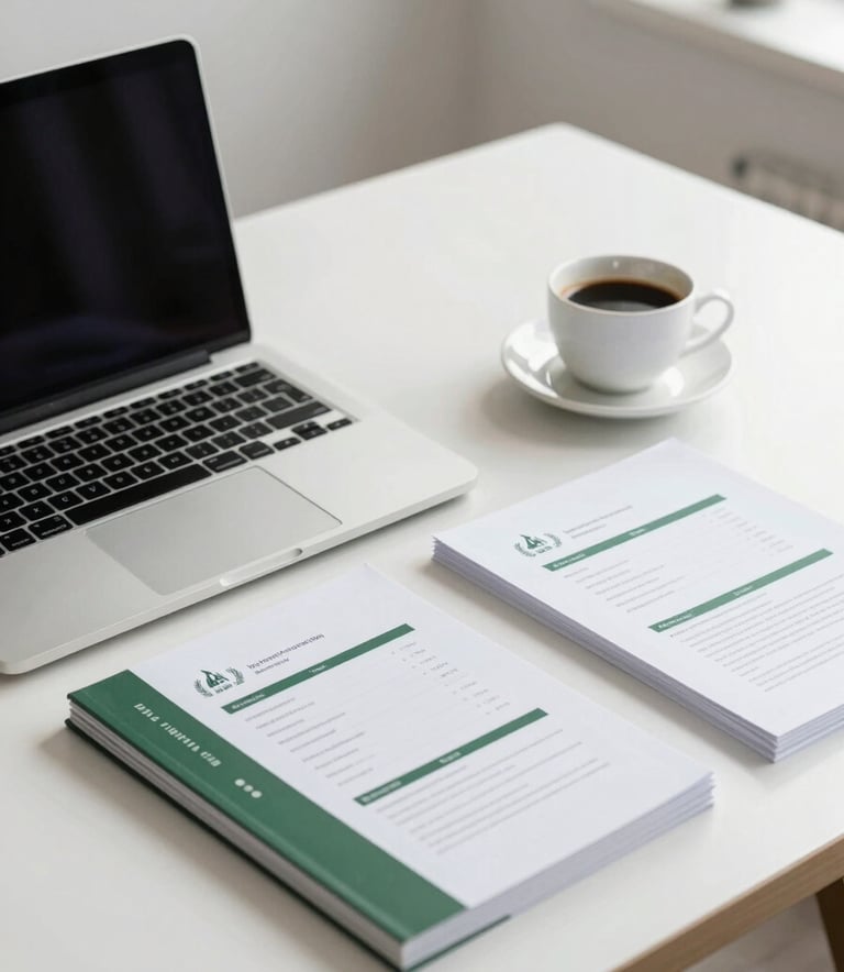 A clean, modern workspace featuring a sleek laptop, a cup of coffee, and organized paper files with forest green accents in a bright, professional setting with soft natural light.