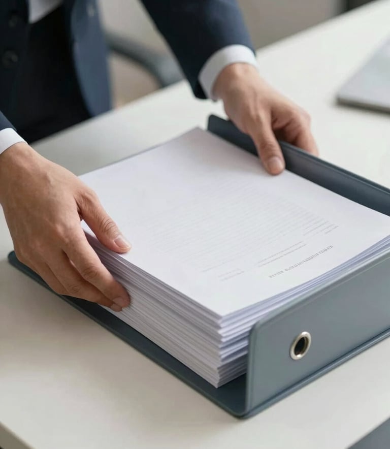 A close-up photograph of a professional's hands neatly organizing a stack of files in a steel blue-grey folder on a clean, bright off-white desk. The lighting is crisp and modern, with a professional and organized atmosphere.