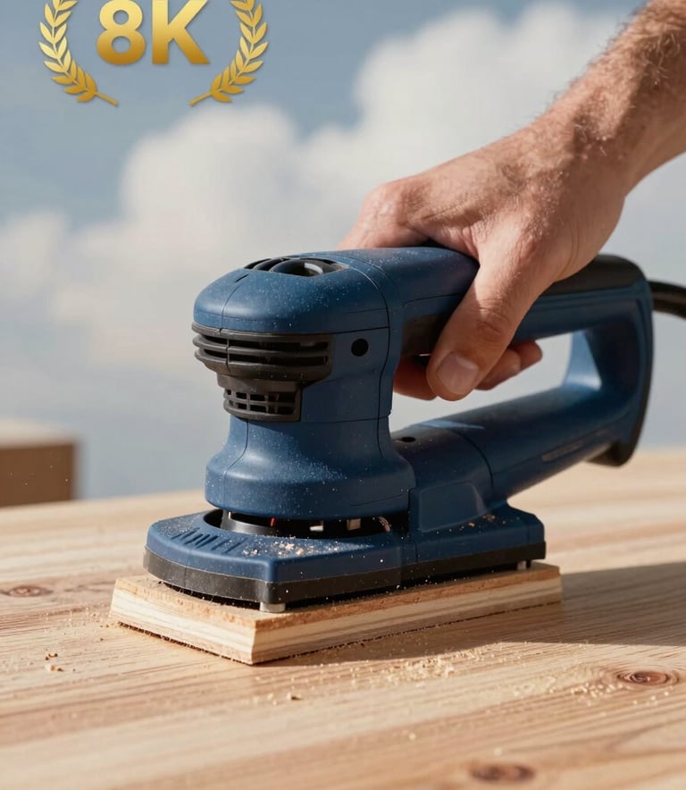 Close-up of a professional wood sander being used on a clean timber surface, action shot with fine sawdust, professional lighting, deep slate and light cloud environment.