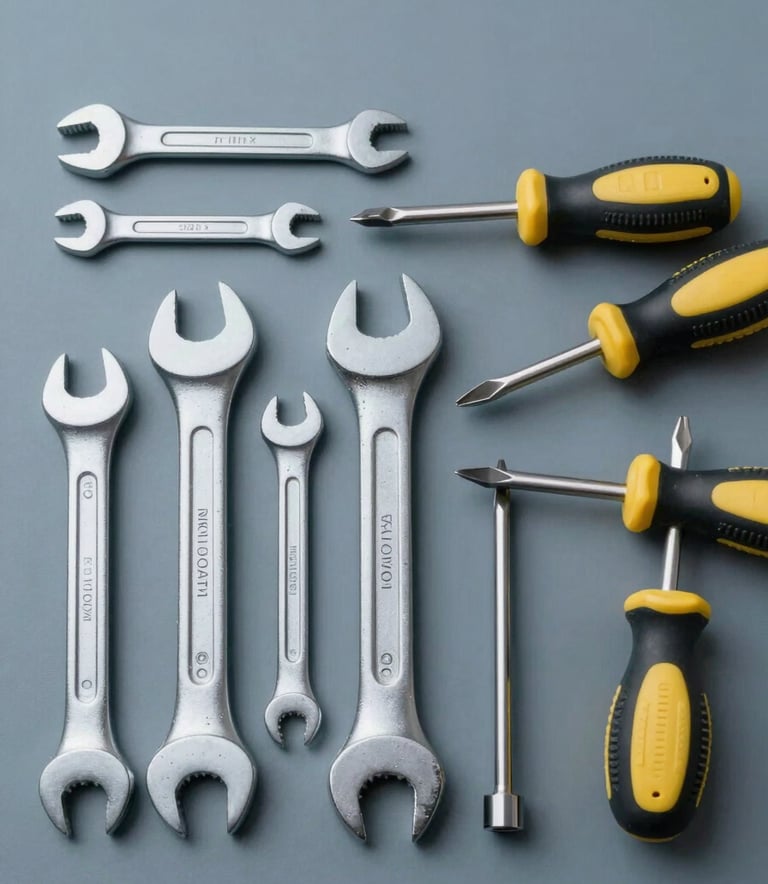 An organized tool collection featuring premium wrenches and screwdrivers on a muted blue-grey background, clean top-down view, soft cinematic lighting.