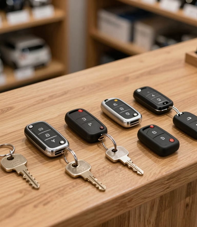 A high-quality studio photograph of several modern electronic car key fobs and traditional house keys arranged neatly on a polished wooden counter in a Northern European / Swedish locksmith shop, clean and sharp lighting.