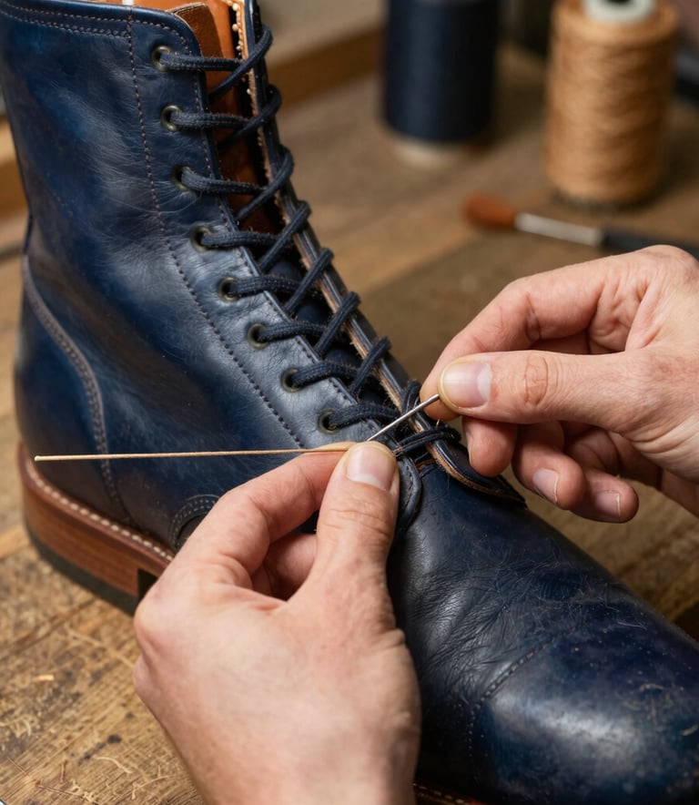 A detail shot of skilled hands in a Northern European / Swedish workshop using a traditional needle and thick thread to repair the sole of a high-quality leather boot, midnight blue and burnt orange color tones.