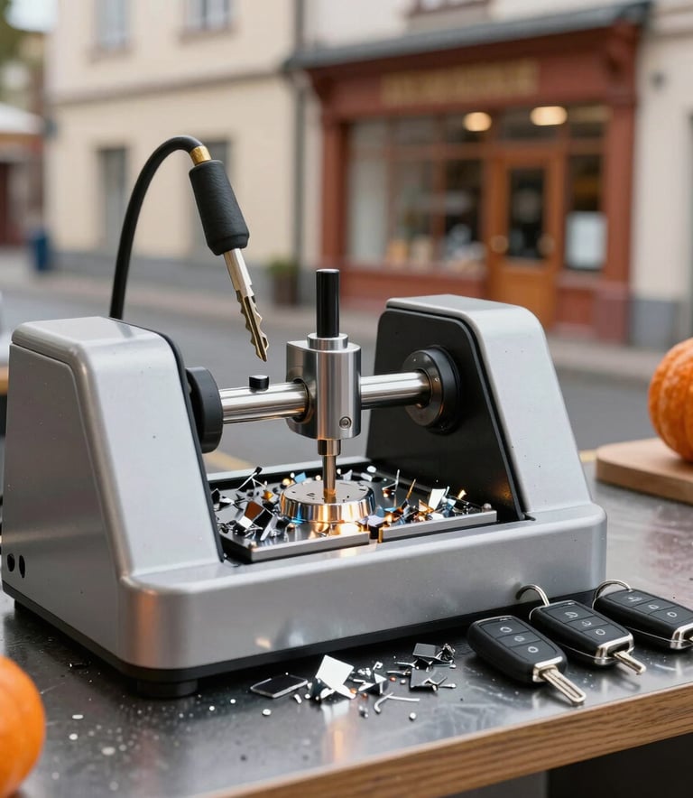 A sharp, clean photograph of a modern key-cutting machine at work in a Swedish shop, with metallic shavings reflecting light. Beside it, a set of programmed modern car keys. Traditional storefront style in the background. Colors: silver, wet asphalt, pumpkin orange accents.