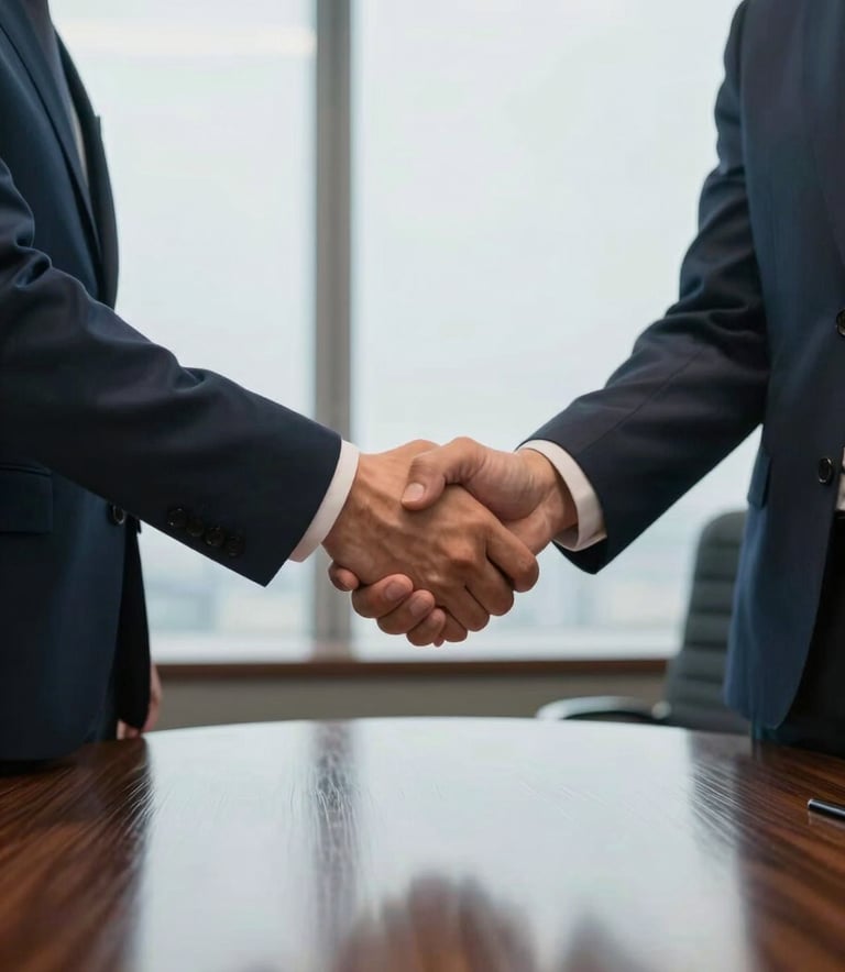A close-up shot of two business professionals in North American corporate attire shaking hands in a high-rise boardroom. The lighting is soft and natural, with tones of deep blue and light grey reflected in the polished wood table.