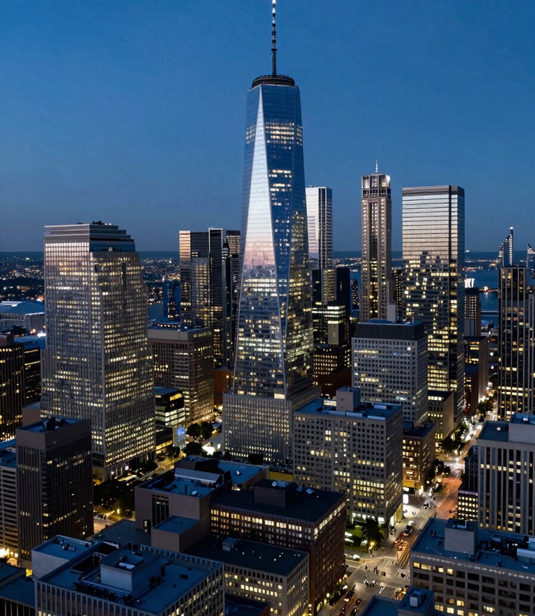 An aerial panoramic view of a North American financial district at twilight. The scene is dominated by deep blue shadows and the cool white lights of glass skyscrapers, conveying a sense of authoritative global presence.