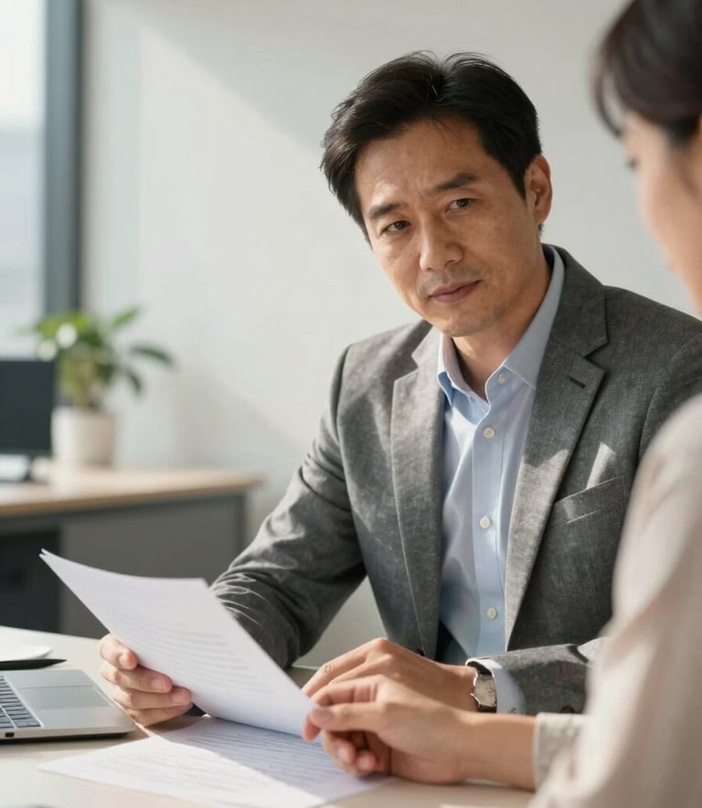 A close-up photograph of a professional financial advisor reviewing a plan with a client in a sunlit, modern North American office. The atmosphere is trustworthy and clear, with off-white walls and grey-blue accents.