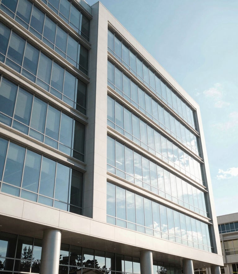 A modern commercial office building in Spokane, Washington, under a bright North American sky, featuring sleek glass windows and a professional, streamlined architecture. The scene is bright and professional, utilizing light blue and off-white tones.