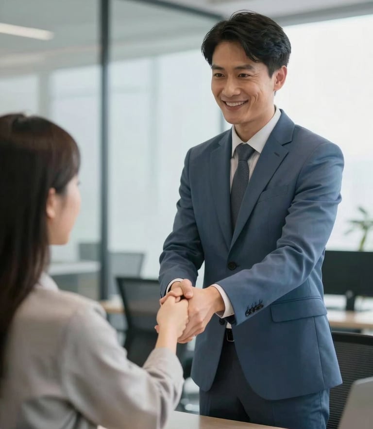 A professional advisor in a Slate Blue suit shaking hands with a client in a bright, modern North American office, conveying trust and partnership.
