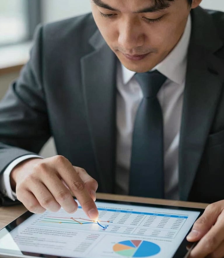 A close-up shot of a person in a professional North American business setting reviewing a clear financial roadmap on a digital tablet with a focused and relieved expression.