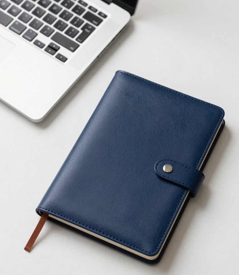 A top-down view of a clean desk with a modern slim laptop and a professional navy blue leather notebook in a North American office setting, bright and clear photography style.