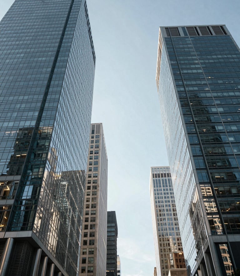 A low-angle shot of modern glass skyscrapers in a bustling North American city center under a clear sky, representing corporate strength and transparency. The lighting is crisp and natural, with a professional and contemporary mood.