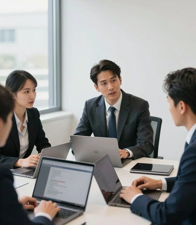 A candid shot of a business meeting taking place in a bright, modern North American office. Professionals are engaged in discussion around a table with laptops open, representing collaboration and polished simplicity.