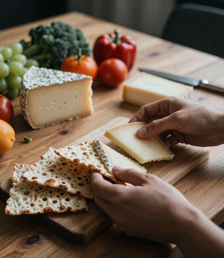 High-contrast lifestyle food photography of a rustic wood table in a Scandinavian restaurant. Hands sharing flatbreads and artisanal cheese, styled elegantly with clean lines and moody, soft shadow lighting. Fresh organic produce scattered naturally in the background.