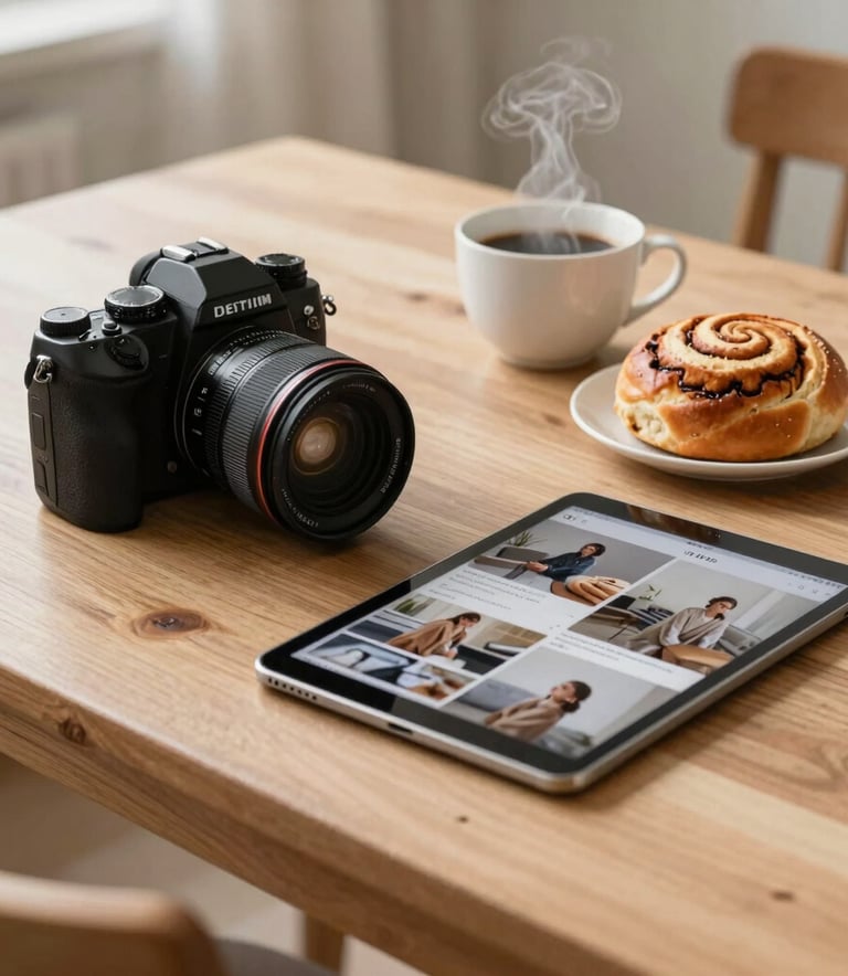 Professional camera gear and a tablet displaying social media layouts resting on a rustic, clean-lined light oak dining table. Soft Northern European morning light illuminates a freshly baked cardamom bun next to a steaming cup of coffee. Cozy, minimalist Scandinavian aesthetic.
