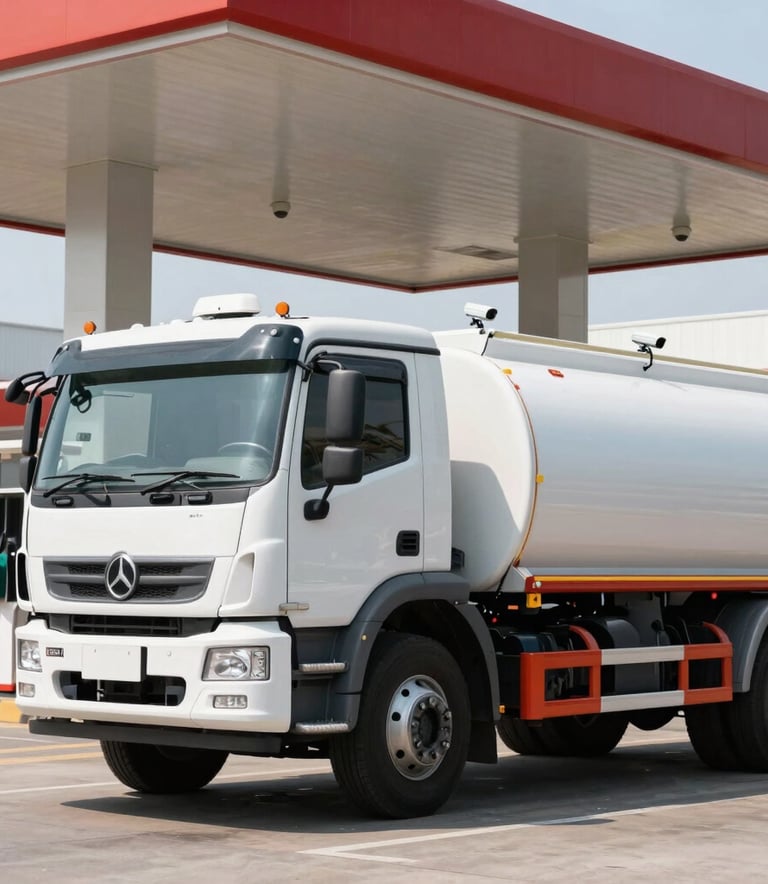 A professional portrait of a fuel truck parked at a modern refueling station in Southeast Asia, clean vehicle, bright day, composition highlighting the security cameras mounted on the exterior of the tank.