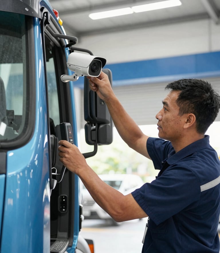 A professional technician in Southeast Asian attire installing a sophisticated, compact CCTV camera and GPS unit inside the driver cabin of a large commercial truck, sharp focus, natural morning lighting, modern workshop background with navy and light blue accents.