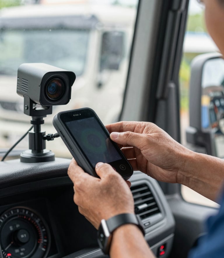 A close-up of a professional technician installing a high-tech GPS tracking device and a small rugged CCTV camera onto the interior dashboard of a large industrial truck, Southeast Asian setting, professional and clean lighting.