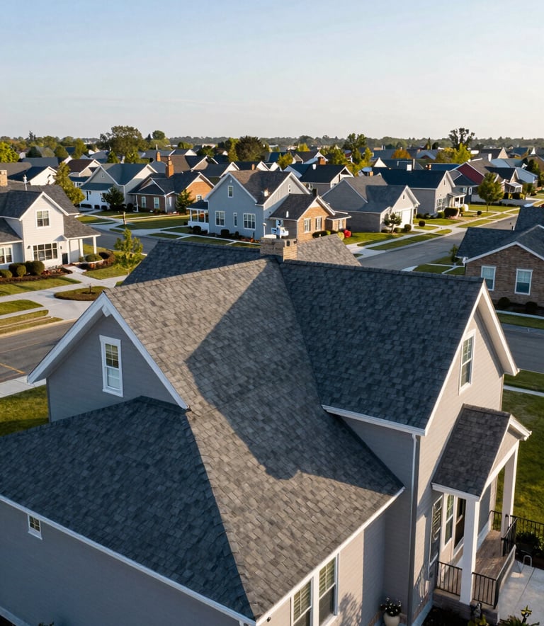 A wide-angle, high-resolution photograph of a stately North American house with a flawlessly restored roof featuring dark grey shingles. The scene is set during a bright morning with soft sunlight, emphasizing the clean lines and professional craftsmanship. The surrounding neighborhood is tidy and modern, reflecting a sense of reliability and trust.