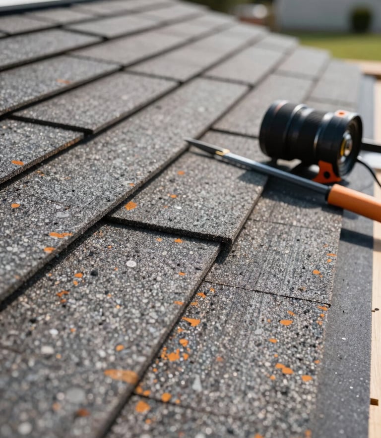 A close-up photograph of high-quality architectural shingles and professional roofing tools on a clean North American work site. The composition is focused, showing the texture of the materials under bright, natural daylight.