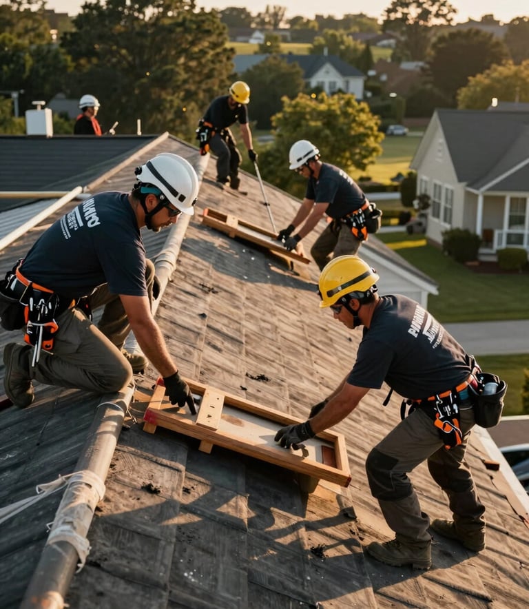 A professional roofing crew wearing safety gear and branded uniforms working efficiently on a large residential property in a North American setting. The composition is dynamic yet organized, illustrating the expertise and teamwork involved in a full-scale roof restoration project. Warm, late afternoon light.