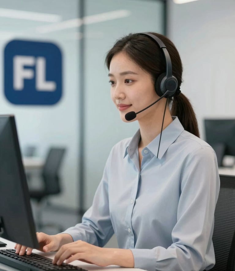 A professional telemarketing agent wearing a high-end headset, working in a modern, minimal office with glass walls, soft Navy Blue branding in the background.
