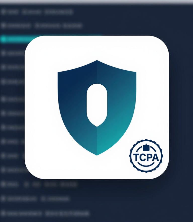 A close-up of a high-tech digital security shield icon and TCPA certification seal on a clean interface, using a professional Navy and Teal color palette, soft studio lighting.
