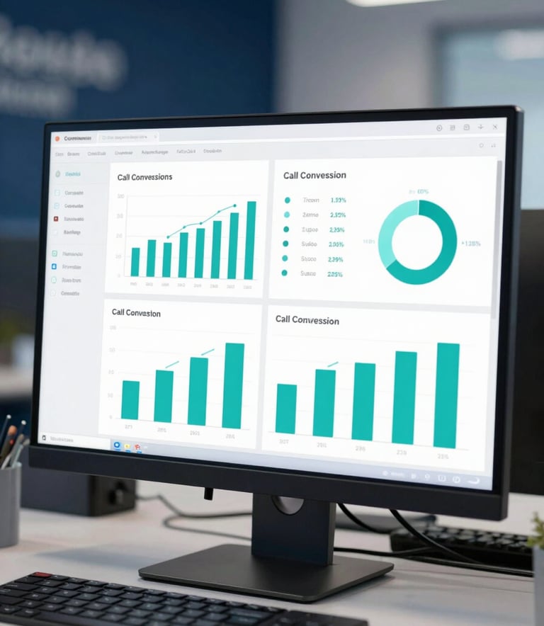 A high-tech digital dashboard displayed on a sleek monitor in a modern office. The screen shows teal and white bar charts representing call conversion data and compliance metrics. The lighting is cool and professional, with hints of navy blue branding in the background.
