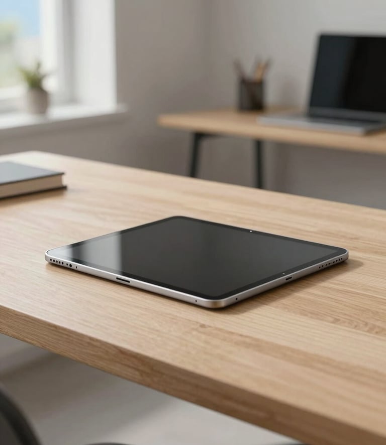 A sharp, cinematic photograph of an Android tablet resting on a clean, light wood desk in a modern North American home office. The lighting is soft and natural, with subtle sky blue and off-white accents in the room's minimalist decor.