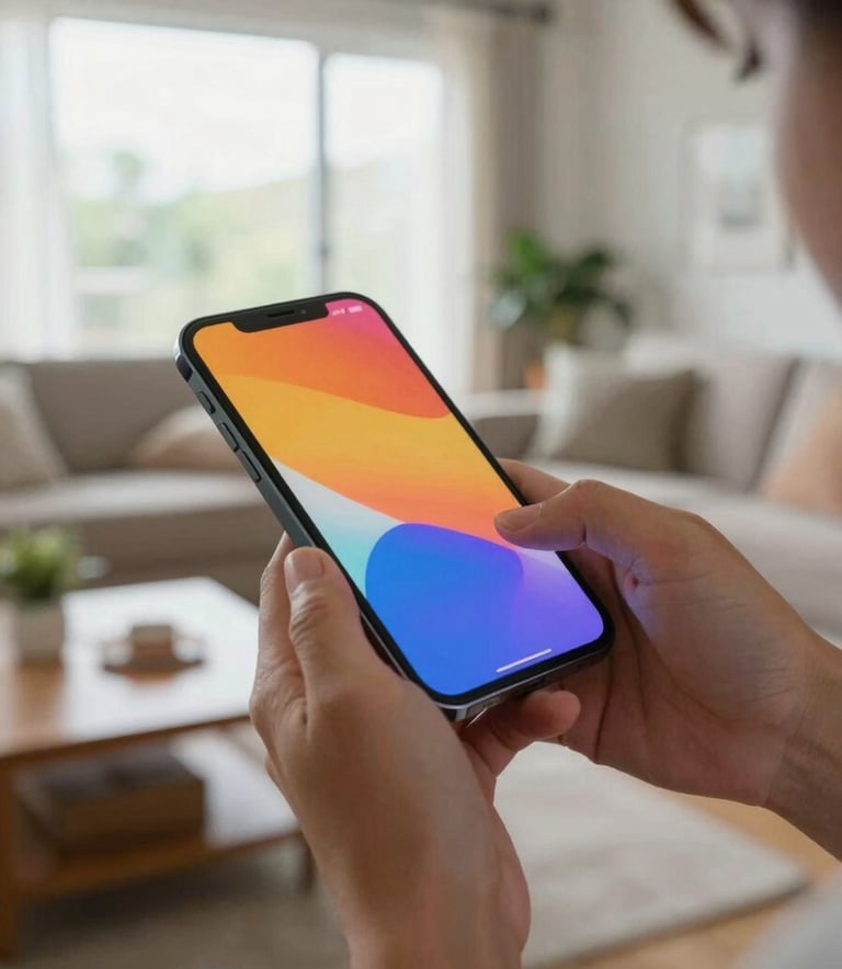 A close-up photograph of a person in a bright North American living room interacting with a high-end smartphone, showing a vibrant screen in a sharp focus, soft natural light coming from a large window.