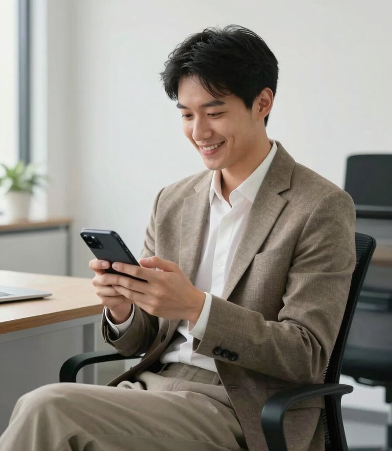 A professional in their early thirties sitting in a minimalist North American office, smiling while using a mobile device, dressed in business casual attire, bright and airy atmosphere.