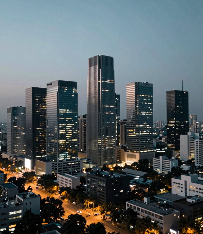 A wide-angle view of the Gurugram business district skyline at dusk, highlighting modern architecture and office lights. The color profile is adjusted to emphasize cool tones of #0A192F and #8FA6BE for a professional vibe.