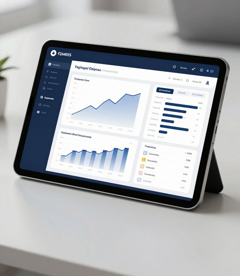 A high-tech, modern financial dashboard displayed on a sleek tablet in a bright office. The UI shows clean graphs and compliance checklists. Professional, trustworthy lighting with a color palette of #2A405D and #8FA6BE.