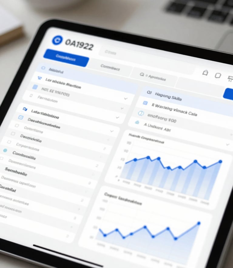 A close-up of a digital tablet displaying legal compliance checklists and financial graphs. The lighting is bright and professional. The scene includes hints of the brand colors #0A192F and #2A405D in the interface design and office accessories.