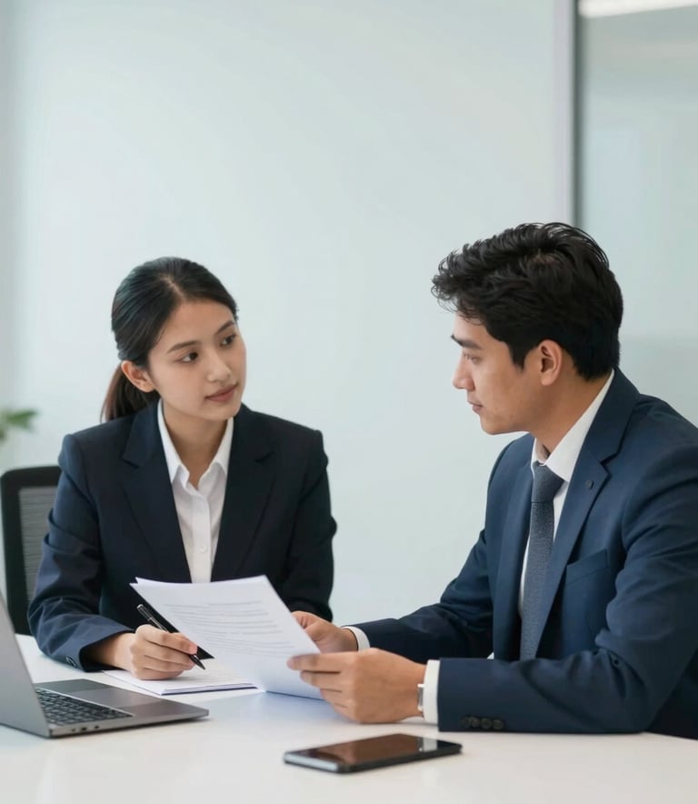 A professional consultation taking place in a minimalist Gurugram office. Two professionals in business attire are discussing documents over a clean desk. Corporate, efficient atmosphere featuring #0A192F and #E8EDF3 accents.