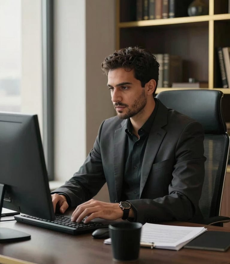 A professional Middle Eastern / Iraqi creative strategist working in a high-end corporate office in Baghdad, featuring dark charcoal and gold accents, soft natural light, minimalist desk setup.