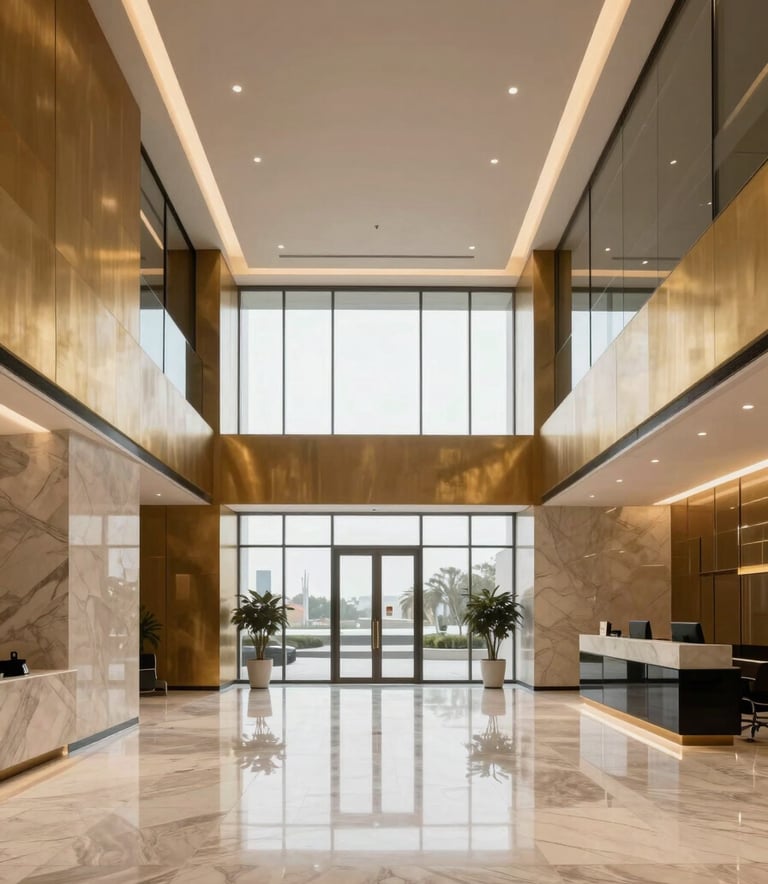 Wide angle shot of a minimalist, high-end corporate office lobby in Baghdad, featuring sleek architecture with soft lighting. Warm gold accents on the walls, polished marble floors, and large glass windows. A professional and sophisticated Middle Eastern setting.