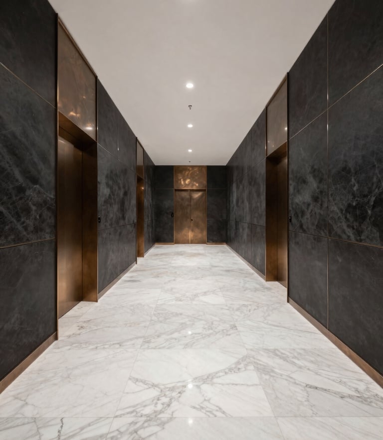 A wide-angle photography shot of a sleek, contemporary agency office in the Middle Eastern region, with white marble floors, dark charcoal walls, and bronze decorative elements.