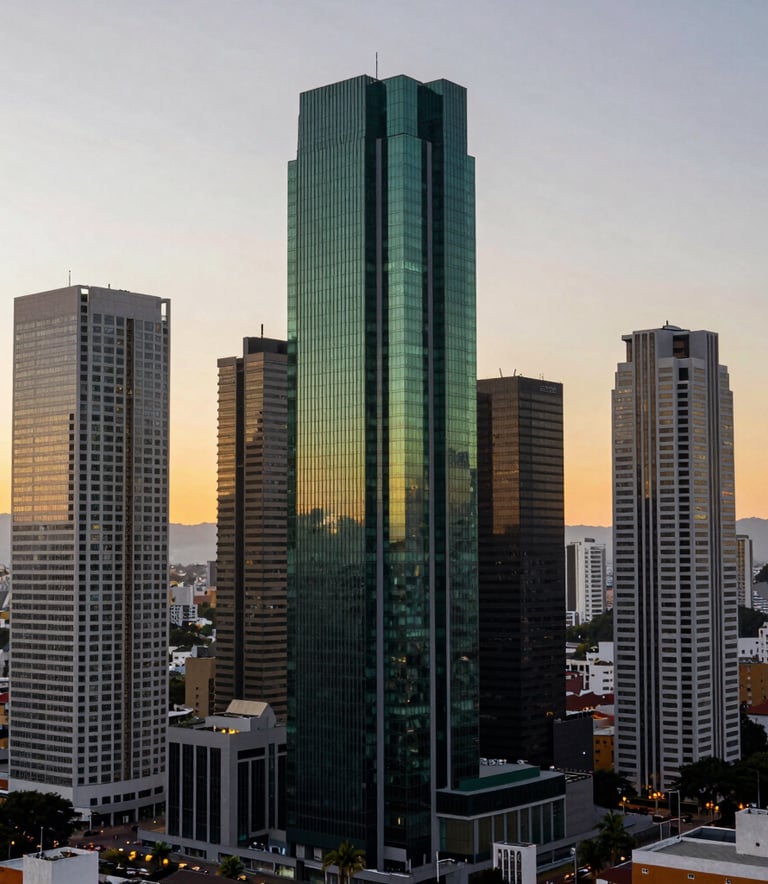 A panoramic photography of a contemporary South American financial district at sunset. The lighting is warm yet professional, highlighting clean lines of skyscrapers. The color palette incorporates deep greens and sophisticated grays.