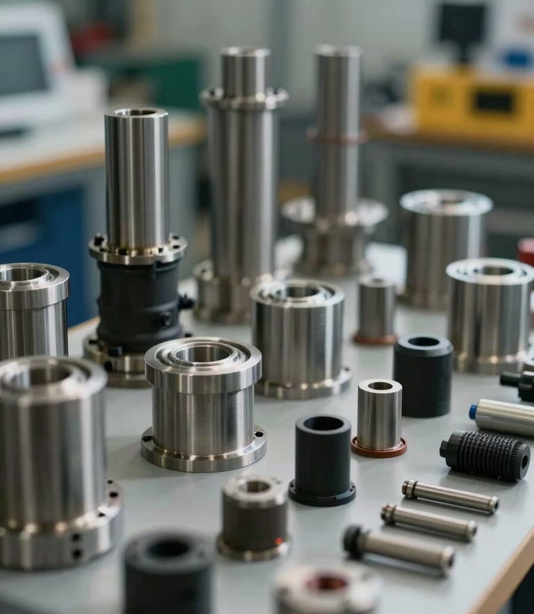 A close-up photograph of high-quality industrial components and technical mining supplies arranged neatly, professional lighting, modern South American industrial setting.