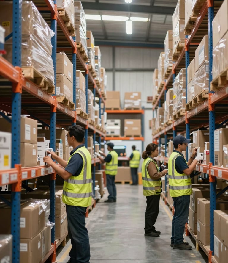 A professional logistics distribution center in South America, showing organized shelving and a clean environment with workers in high-visibility uniforms, soft daylight.